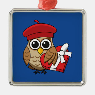 Ornamento De Metal Coruja-branca com berço vermelho e caixa cardíaca