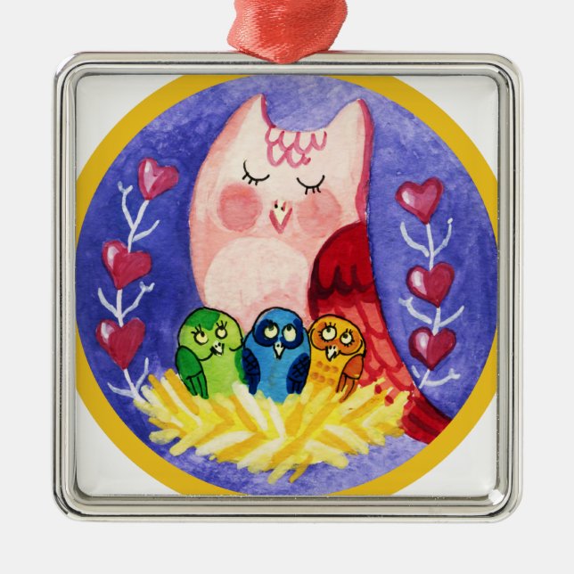 Ornamento De Metal Coruja mãe de trigêmeos (Frente)