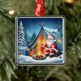 Ornamento De Metal Cozy Santa Winter Camping Adventure