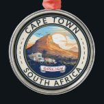 Ornamento De Metal Crachá de arte Viagem da África do Sul do Cabo<br><div class="desc">Viagem de vetor retrovetor da Cidade do Cabo. A Cidade do Cabo é uma cidade portuária na costa sudoeste da África do Sul,  numa península sob a imponente montanha Mesa.</div>