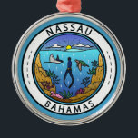 Ornamento De Metal Crachá Nassau Bahamas Scuba<br><div class="desc">Design de arte vetorial de Nassau. Uma estação de cruzeiro popular,  a cidade tem uma paisagem montada em colinas e é conhecida por praias,  assim como seus recifes de corais no exterior,  populares por mergulho e snorkeling.</div>