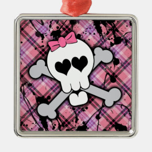 Ornamento De Metal Crânio cor-de-rosa e Crossbones com corações e