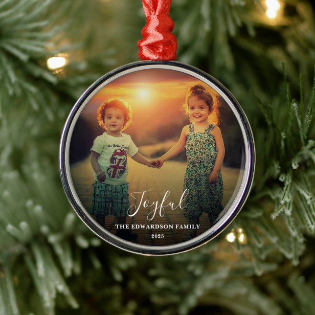 Ornamento De Metal Create your own family photo joyful script (Árvore)
