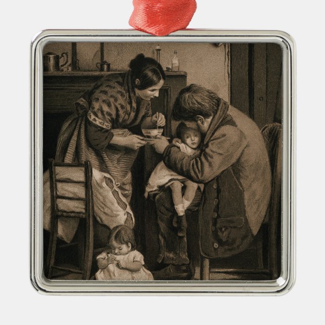 Ornamento De Metal Criança doente apoiada por seu pai e mãe (Frente)