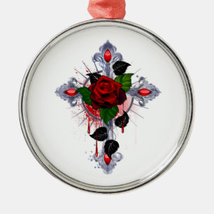 Ornamento De Metal Cruz de Prata com Rosa vermelha