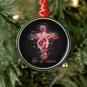 Ornamento De Metal Cruz Floral 'Ele Ressuscitou'