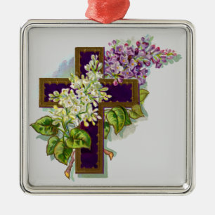Ornamento De Metal Cruz Roxa E Flores