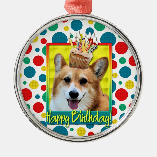 Ornamento De Metal Cupcake do aniversário - Corgi - Owen (Frente)