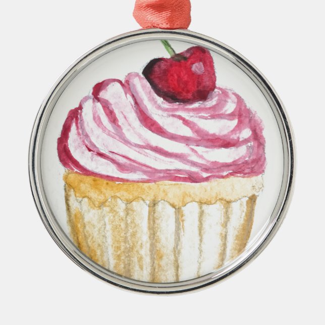 Ornamento De Metal Cupcake rosa com cereja (Frente)