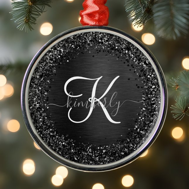 Ornamento De Metal Custom Black Glitter Sparkle Monogram (Criador carregado)