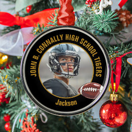 Ornamento De Metal Custom Black Gold Football Player Photo Christmas