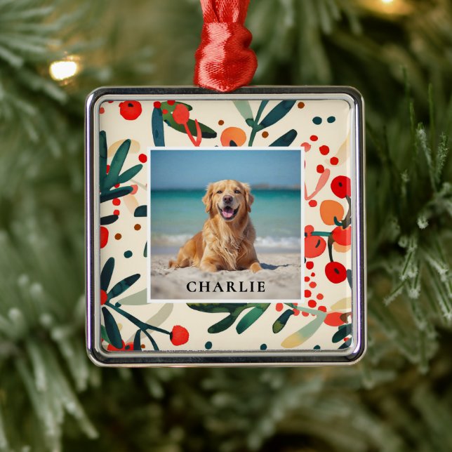 Ornamento De Metal Custom Pet Name Photo Holly Berries Holiday (Árvore)