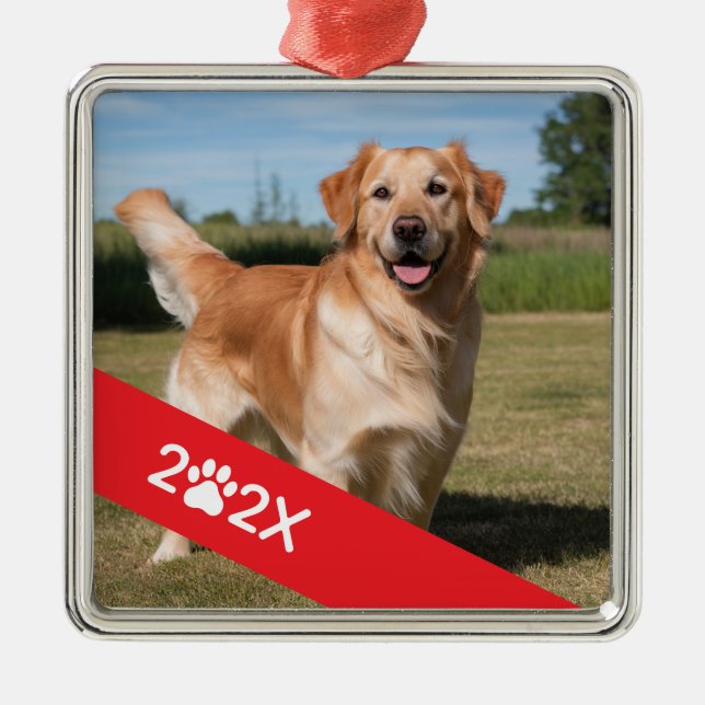 Ornamento De Metal Custom Pet Photo with Year and Paw Ribbon (Frente)