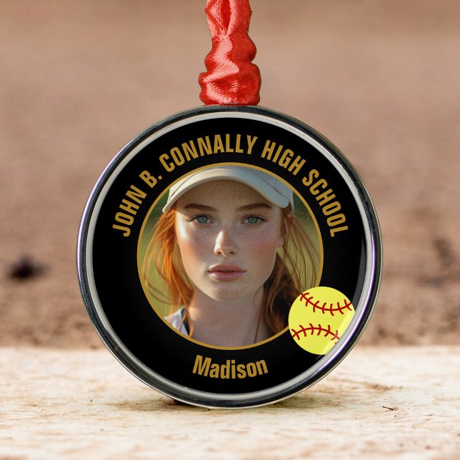 Ornamento De Metal Custom Softball Player Photo Christmas Black Gold (Criador carregado)