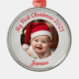 Ornamento De Metal Customisable Baby's First Christmas Premium Round