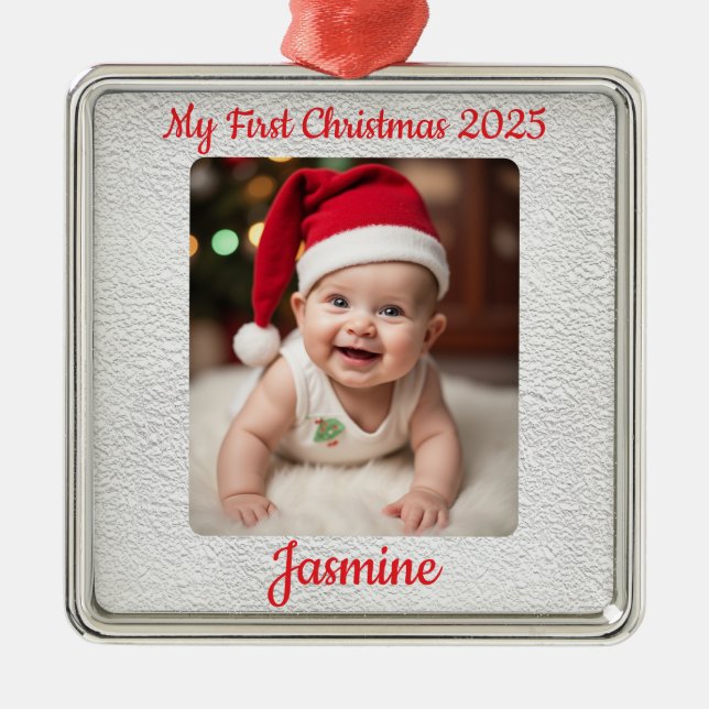 Ornamento De Metal Customisable Baby's First Christmas Square (Frente)