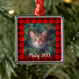 Ornamento De Metal Cute Buffalo Plaid Hearts Custom Cat Pet Christmas