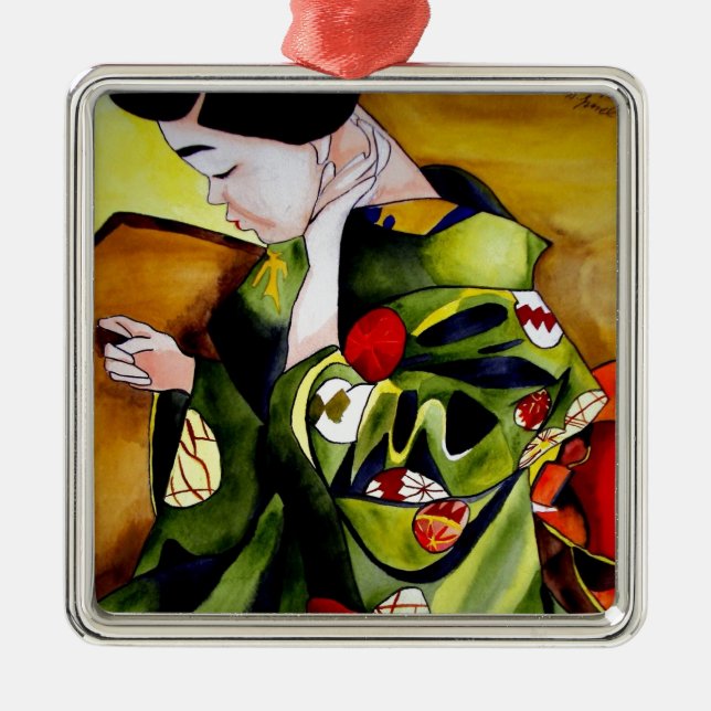 Ornamento De Metal Cute Geisha com arte original verde kimono (Frente)