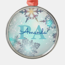 Ornamento De Metal Cute Ice Blue Snowflake Personalized Name PA