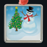 Ornamento De Metal Cute Snowman<br><div class="desc">Um bonitão com flocos de neve e árvore de Natal decorada é tão festivo para as férias.</div>