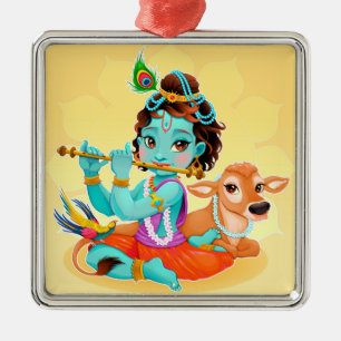 Ornamento De Metal Cute Tiny Krishna e Vaca