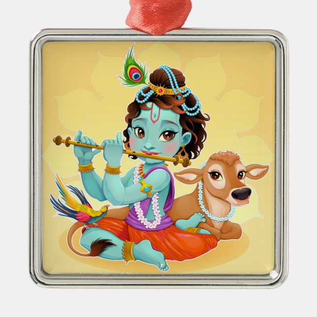 Ornamento De Metal Cute Tiny Krishna e Vaca (Frente)