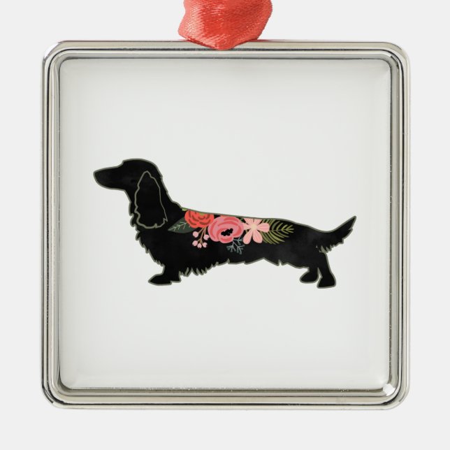 Ornamento De Metal Dachshund Bohemian Floral Silhouette (Frente)