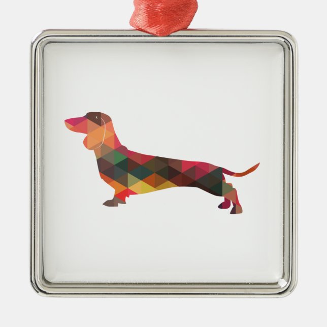 Ornamento De Metal Dachshund Geométrico Pattern Silhouette (Frente)