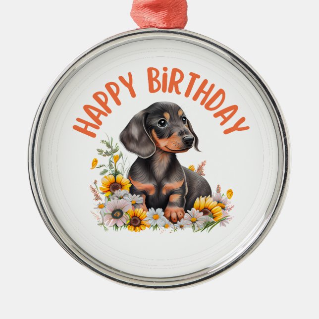 Ornamento De Metal Dachshund Happy Birthday (Frente)