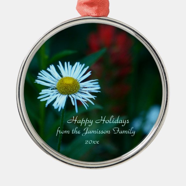 Ornamento De Metal Daisy Wildflower Branco, Verde, Nome, Natal (Frente)