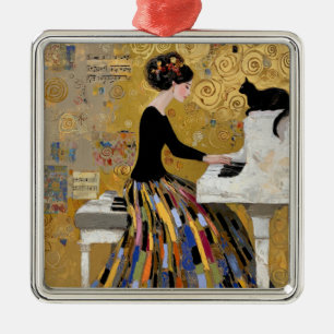 Ornamento De Metal Dama do Piano Klimt Dourado com Gato Preto