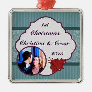 Ornamento De Metal Damasco Azul-Teal Personalizado/Stripes Vermelho F