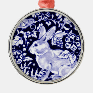 Ornamento De Metal Dedham Blue Rabbit, Classic Blue & White Design