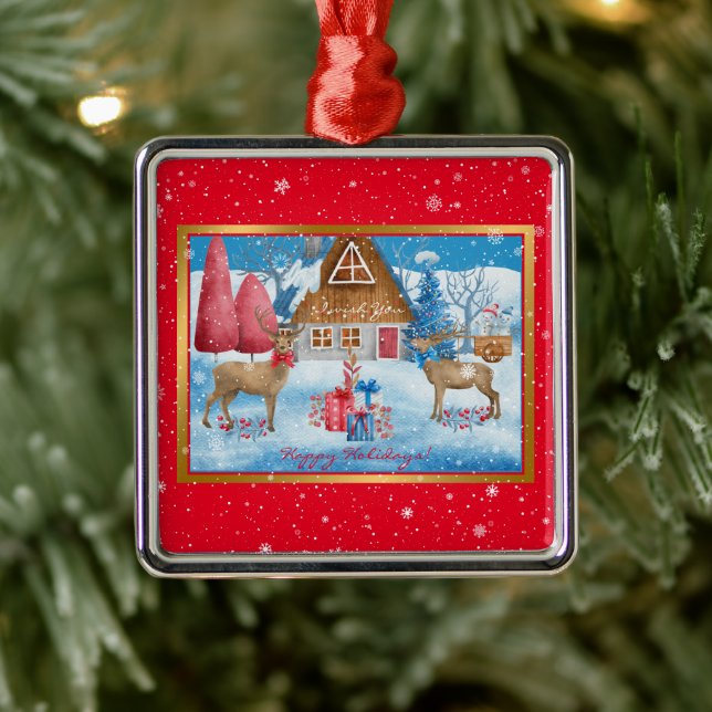 Ornamento De Metal Deer and Gifts on Holiday Night Personalizar (Árvore)