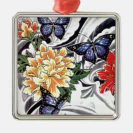 Ornamento De Metal Desenho de Tatuagem de Peônia Amarela e Borboleta