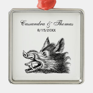 Ornamento De Metal Desenho em Preto e Branco de Cabeça de Javali Anti