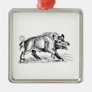 Ornamento De Metal Desenho em Preto e Branco de Javali Antigo #2