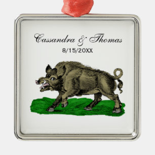 Ornamento De Metal Desenho em Preto e Branco de Javali Antigo #3C