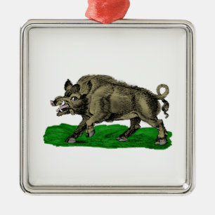Ornamento De Metal Desenho Vintage de Javali Preto e Branco #3C