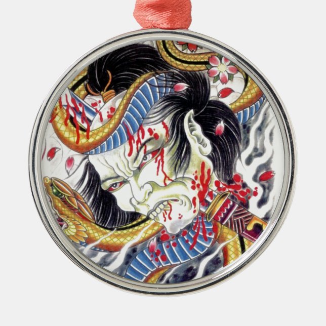 Ornamento De Metal Design de Tatuagem Grotesca e Cobra (Frente)