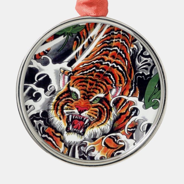 Ornamento De Metal Design de Tigre e Mapeamento Japonês (Frente)