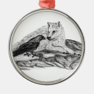 Ornamento De Metal design preto e branco de Lobo e Raven