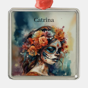 Ornamento De Metal Dia de los Muertos aquarela pintada