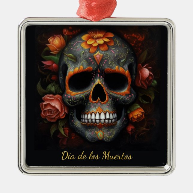 Ornamento De Metal Dia de los Muertos pintou crânio personalizável (Frente)