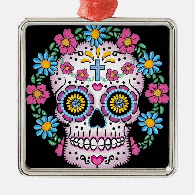 Ornamento De Metal Dia de los Muertos Skull (Frente)