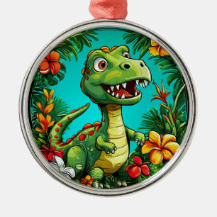 Ornamento De Metal Dinossauro Adorável Rodeado por Flores Coloridas