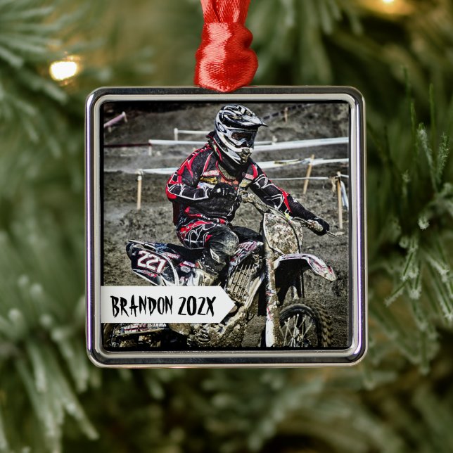 Ornamento De Metal Dirt Bike Racer Personalization Name Photo (Árvore)