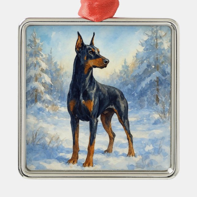 Ornamento De Metal Doberman na neve de inverno (Frente)