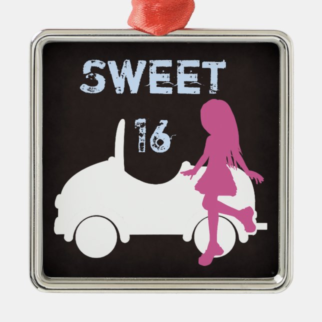 Ornamento De Metal Doce 16 Silhuette Girl and Car ~ Pink and Blue (Frente)