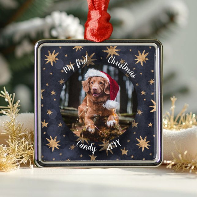 Ornamento De Metal Dog Pet First Christmas Photo Rustic Messy Stars (Criador carregado)